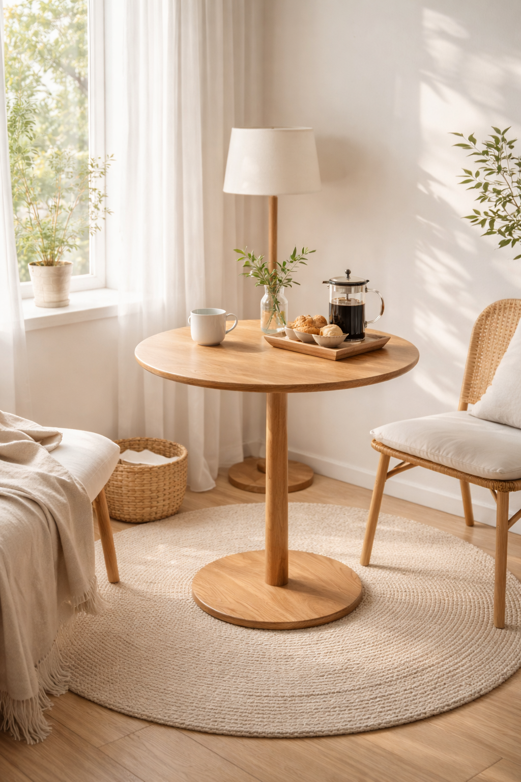 Round wooden table in a bright room with a chair and lamp