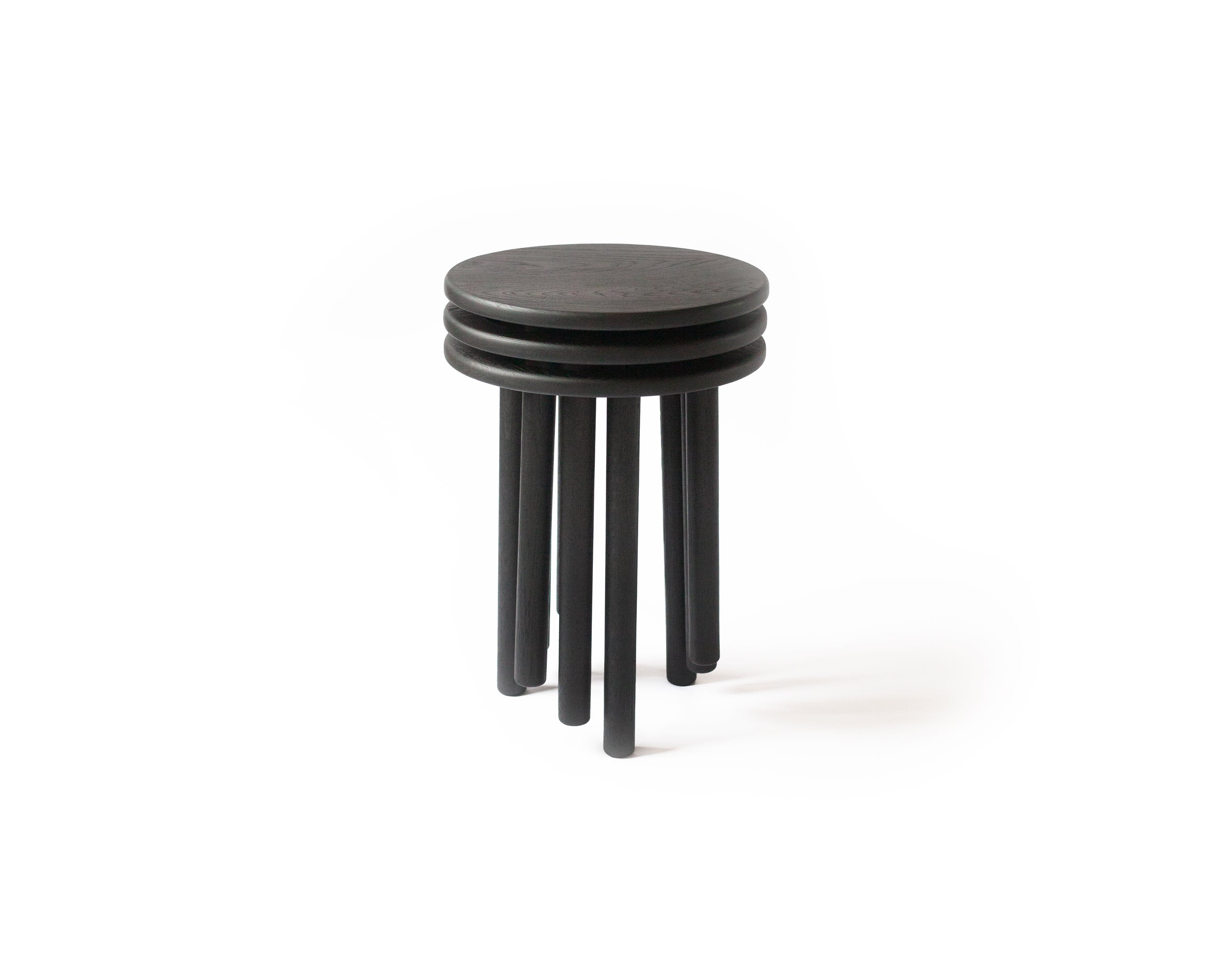 stackable stools in black stain on white back ground