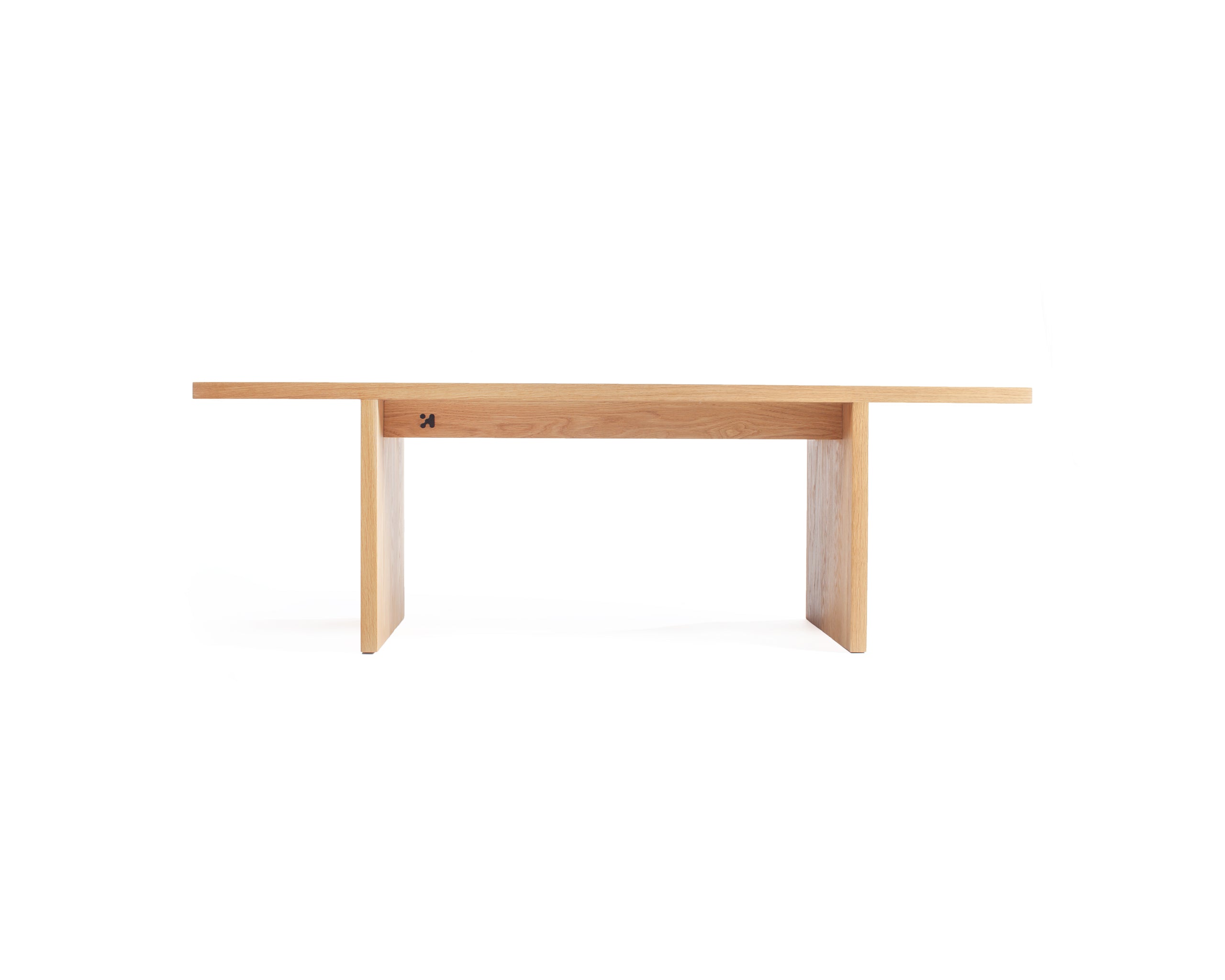 Solid white oak bench with central gap detail on white background