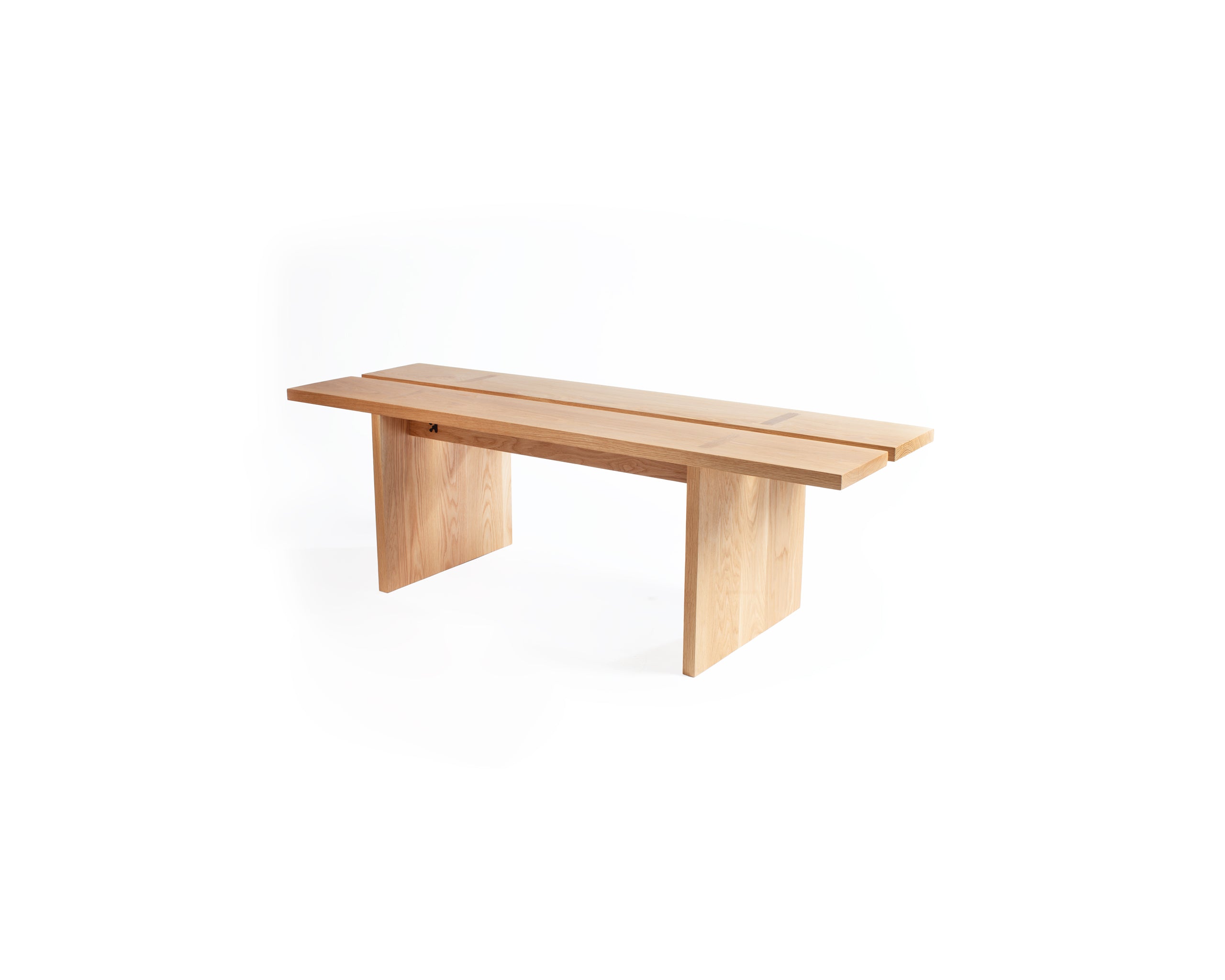 Solid white oak bench with central gap detail on white background